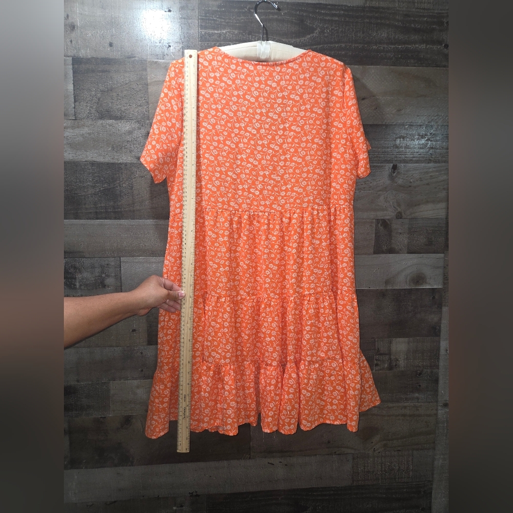Ces Femme Orange Floral Babydoll Dress Tiered Button Front Side Pockets Size M - Picture 7 of 10